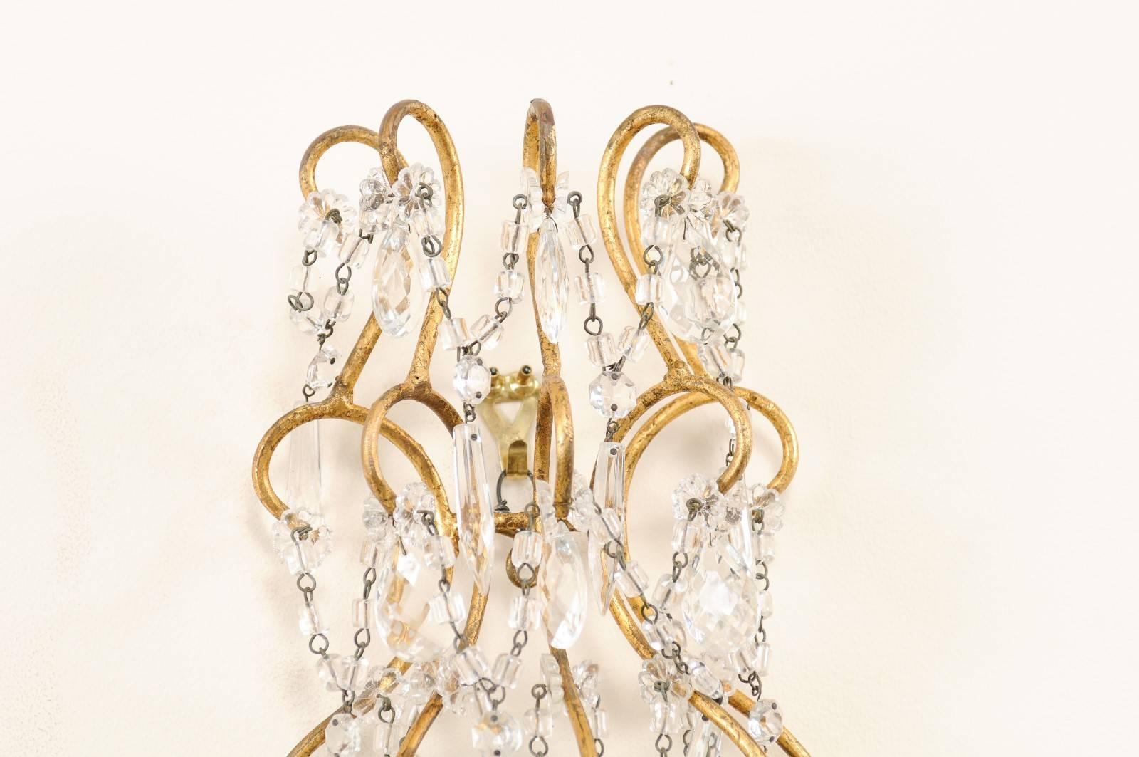 Beaded Italian Pair of Ornately Decorated Crystal & Gilded Metal Three-Light Sconces