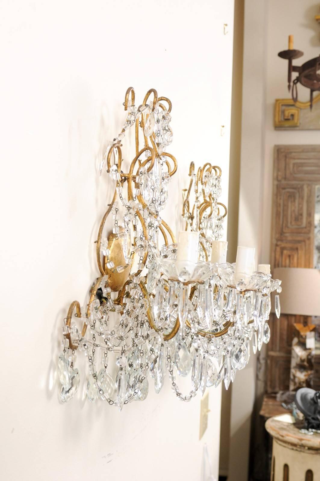 Italian Pair of Ornately Decorated Crystal & Gilded Metal Three-Light Sconces 4