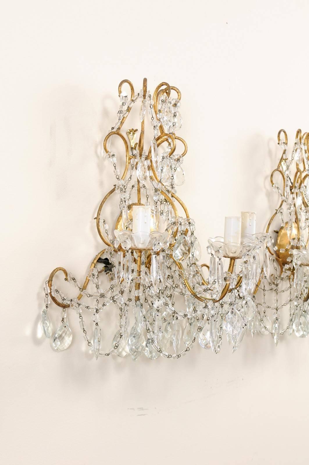 20th Century Italian Pair of Ornately Decorated Crystal & Gilded Metal Three-Light Sconces