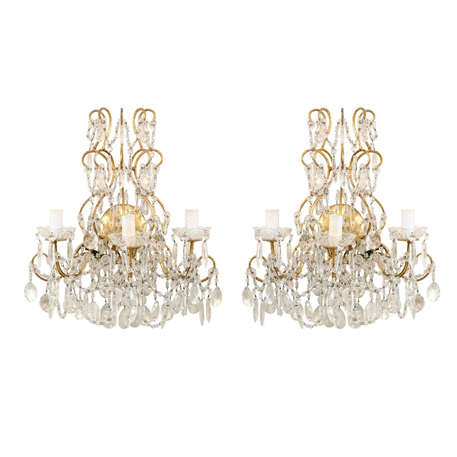 Italian Pair of Ornately Decorated Crystal & Gilded Metal Three-Light Sconces