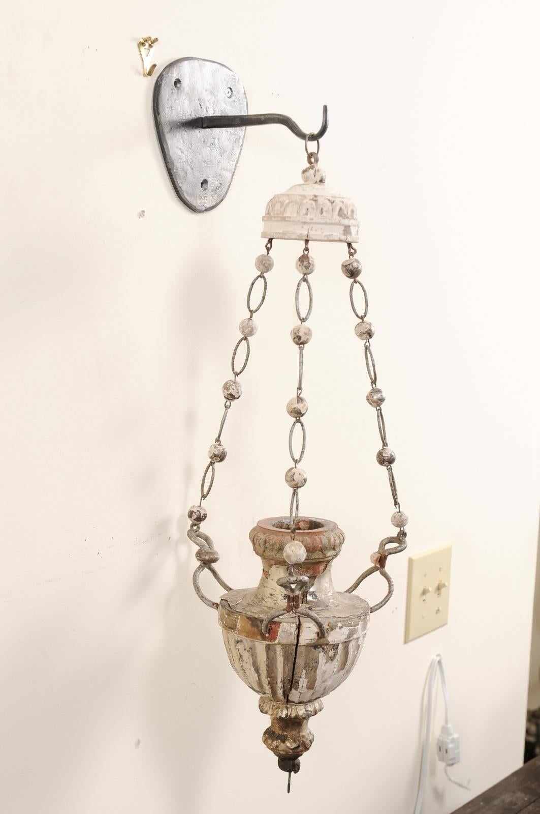 Carved Pair of Italian 19th Century Silver Gilt Hanging Candle Sconces with Bead Chains
