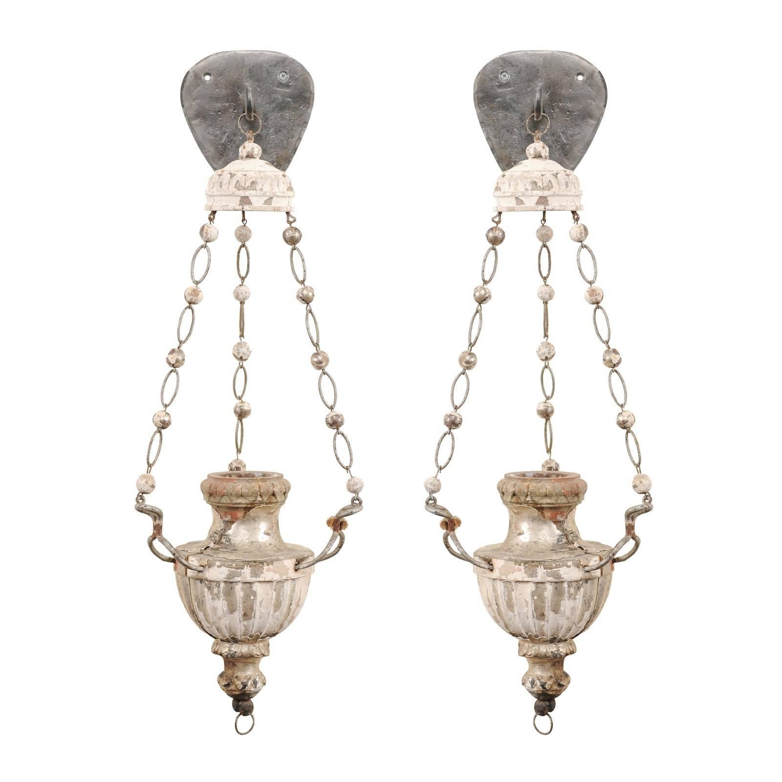 Pair of Italian 19th Century Silver Gilt Hanging Candle Sconces with Bead Chains