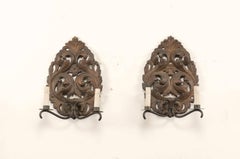 Pair of Italian Tole Two-Light Sconces with Scrolling Acanthus Leaf Backplates