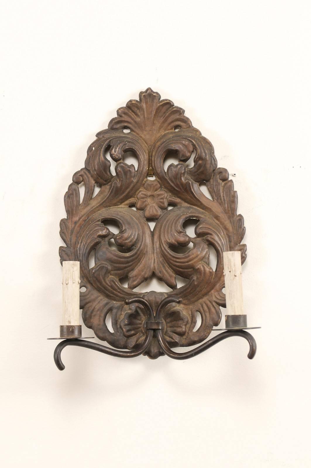 Patinated Pair of Italian Tole Two-Light Sconces with Scrolling Acanthus Leaf Backplates