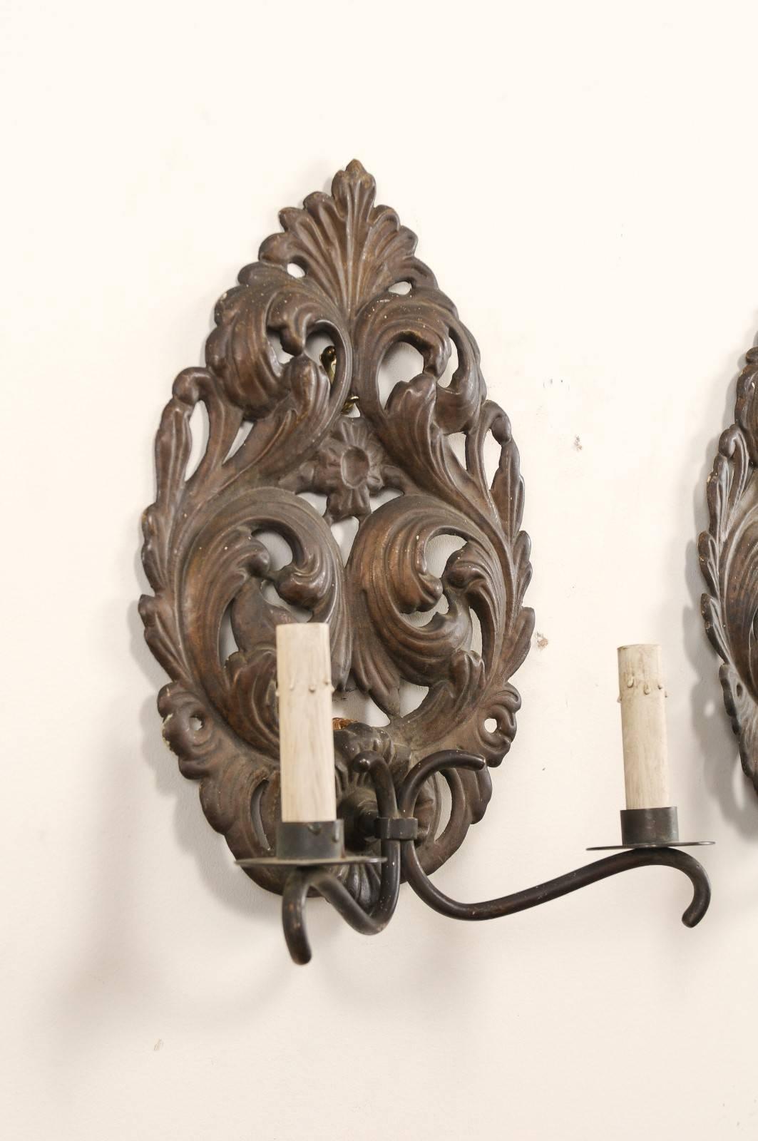 20th Century Pair of Italian Tole Two-Light Sconces with Scrolling Acanthus Leaf Backplates