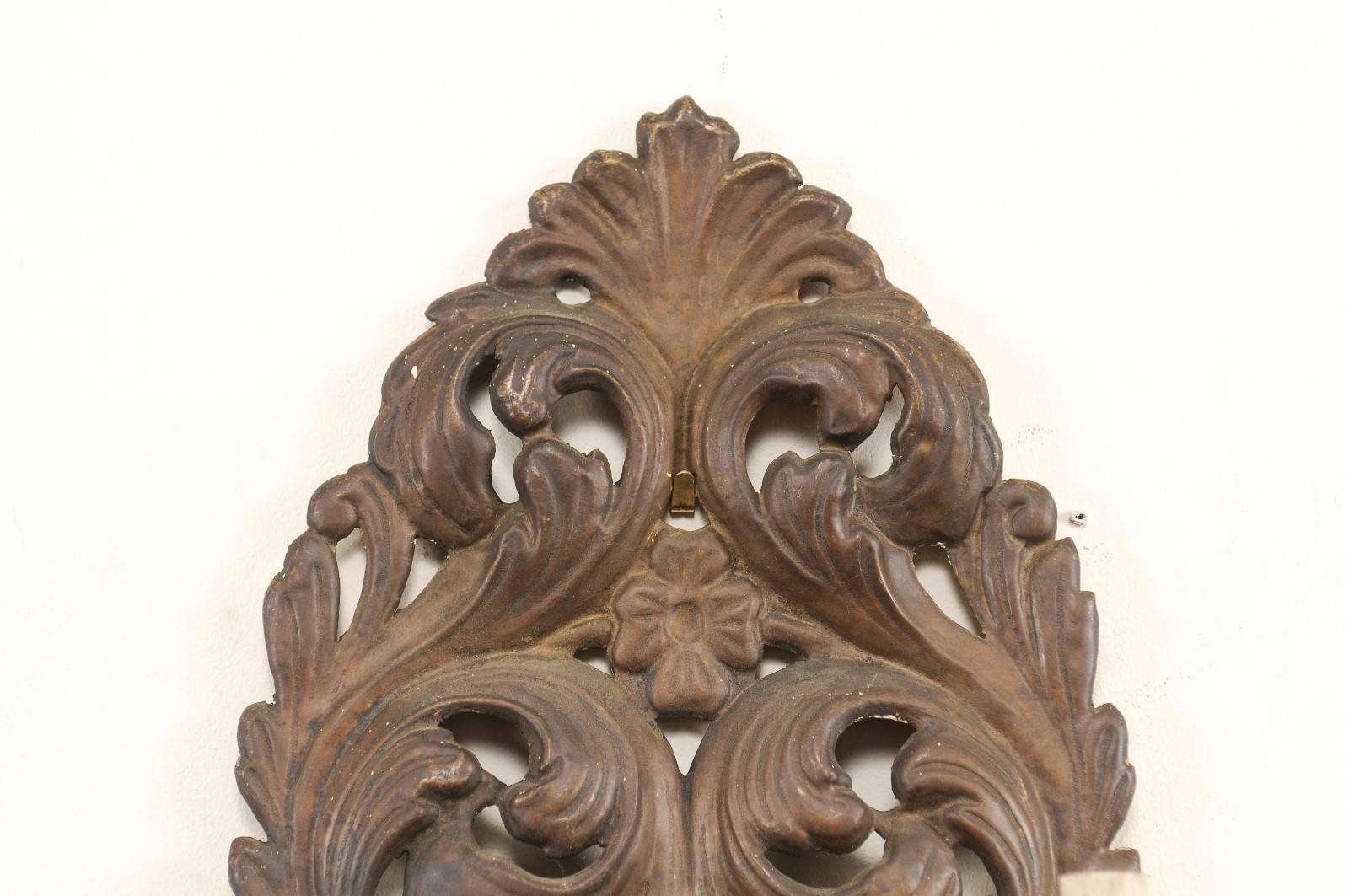 Pair of Italian Tole Two-Light Sconces with Scrolling Acanthus Leaf Backplates 1