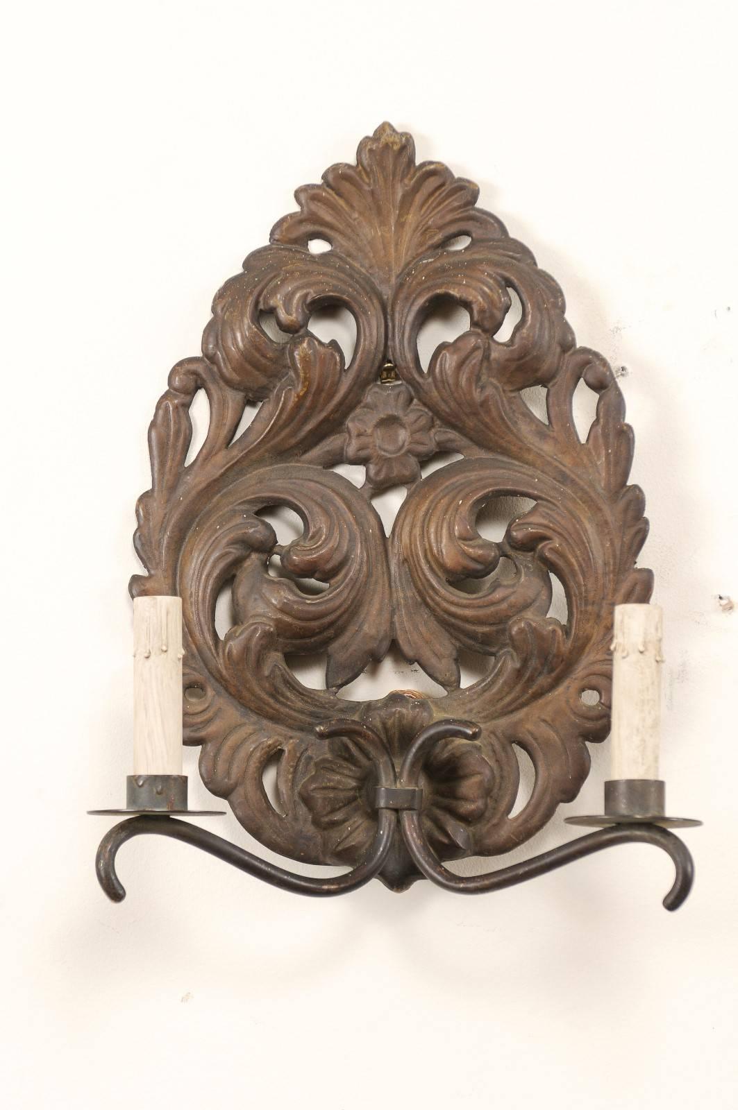 Pair of Italian Tole Two-Light Sconces with Scrolling Acanthus Leaf Backplates In Good Condition In Atlanta, GA