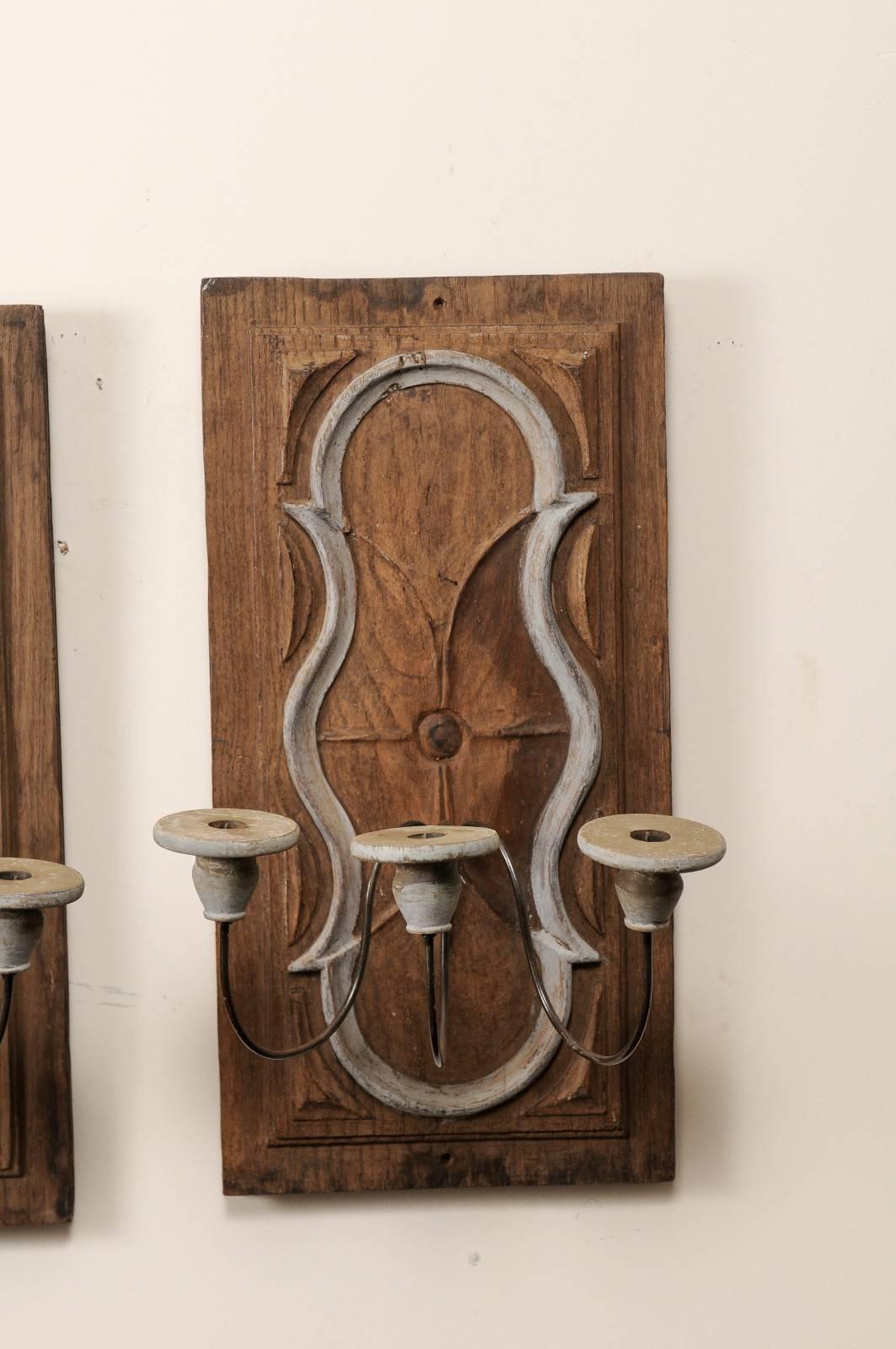 Rustic Pair of Italian 19th Century Candle Sconces of Wood with Grey Painted Accents