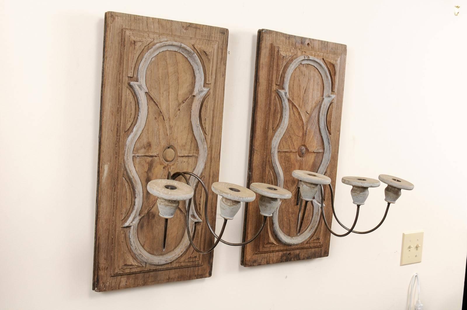 Pair of Italian 19th Century Candle Sconces of Wood with Grey Painted Accents 1