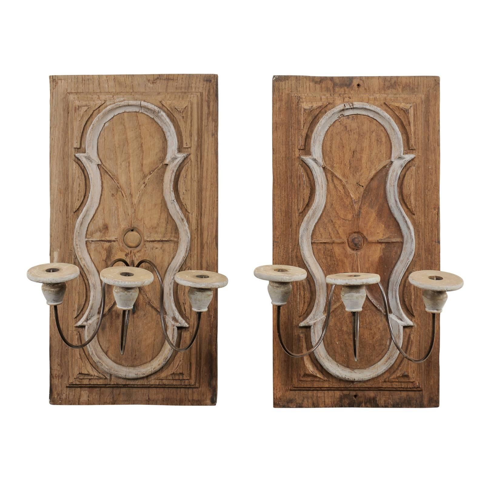 Pair of Italian 19th Century Candle Sconces of Wood with Grey Painted Accents