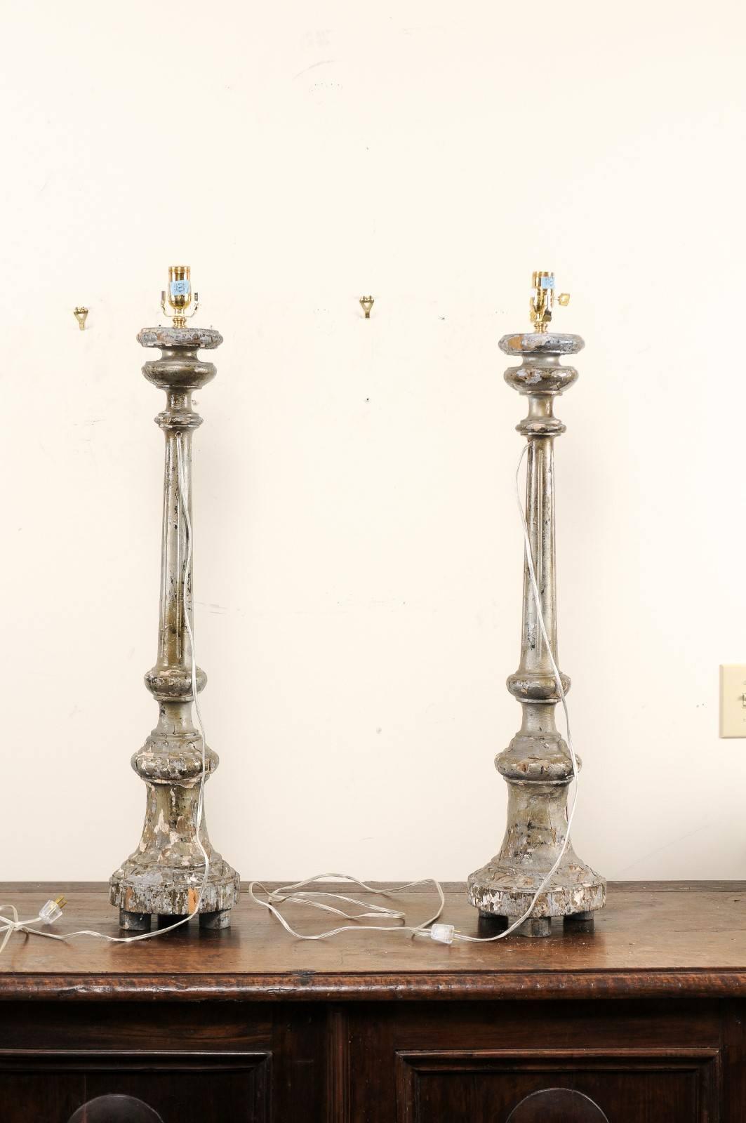 Pair of Italian 19th Century Carved Wood Altar Sticks Made into Table Lamps 3