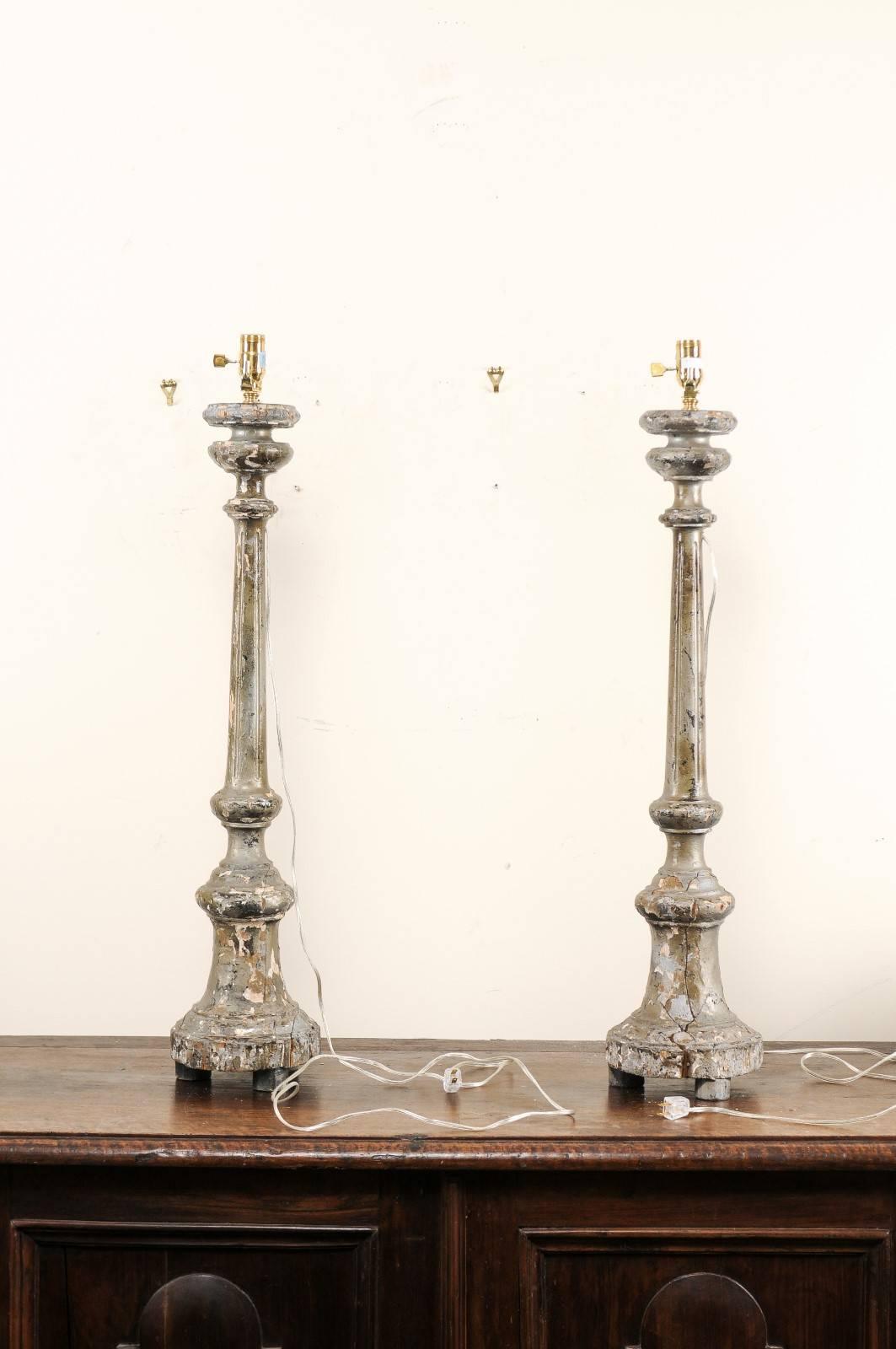 Pair of Italian 19th Century Carved Wood Altar Sticks Made into Table Lamps 4