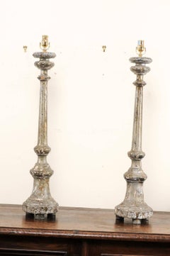Pair of Italian 19th Century Carved Wood Altar Sticks Made into Table Lamps