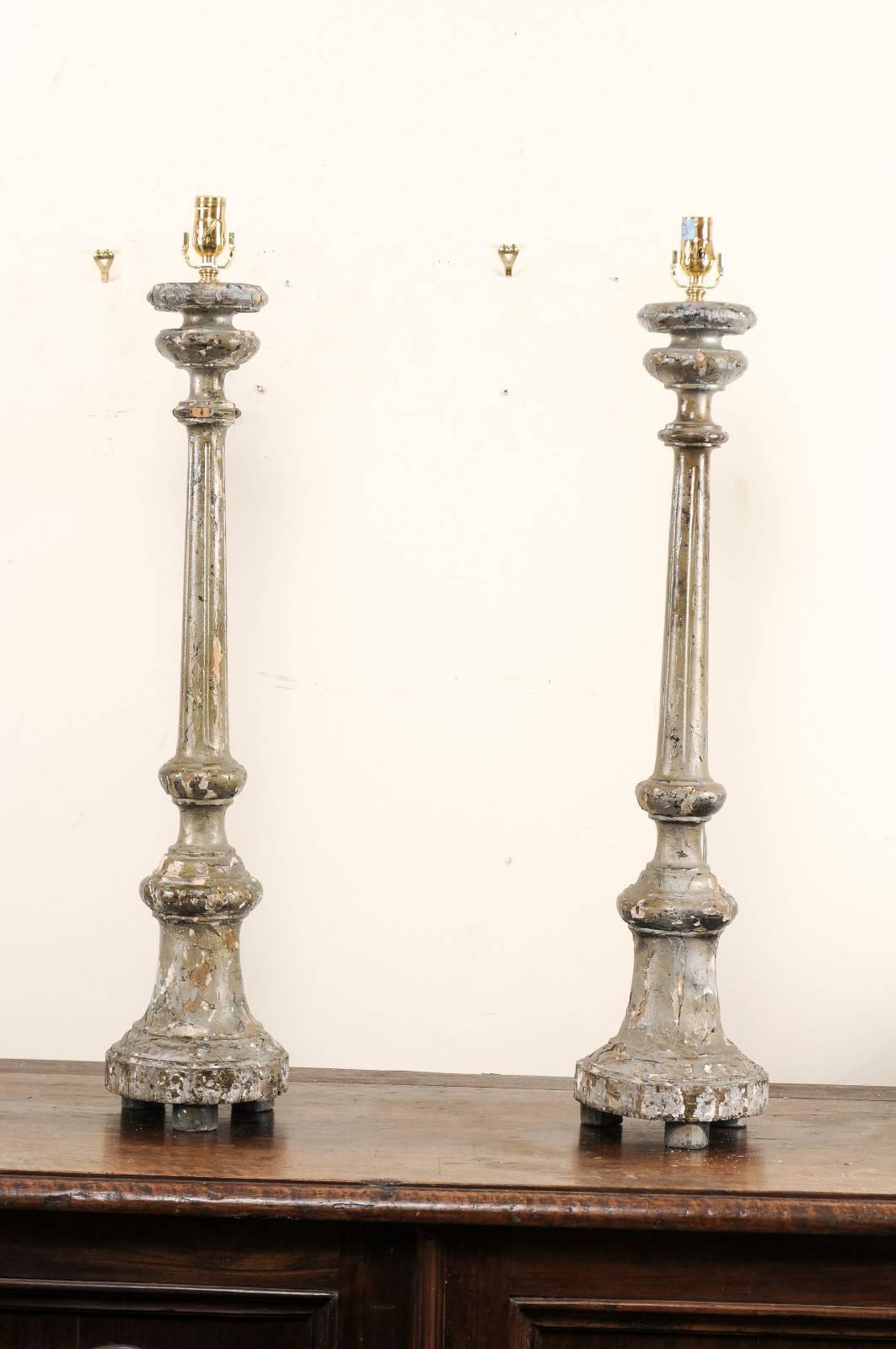 Pair of Italian 19th Century Carved Wood Altar Sticks Made into Table Lamps In Good Condition In Atlanta, GA