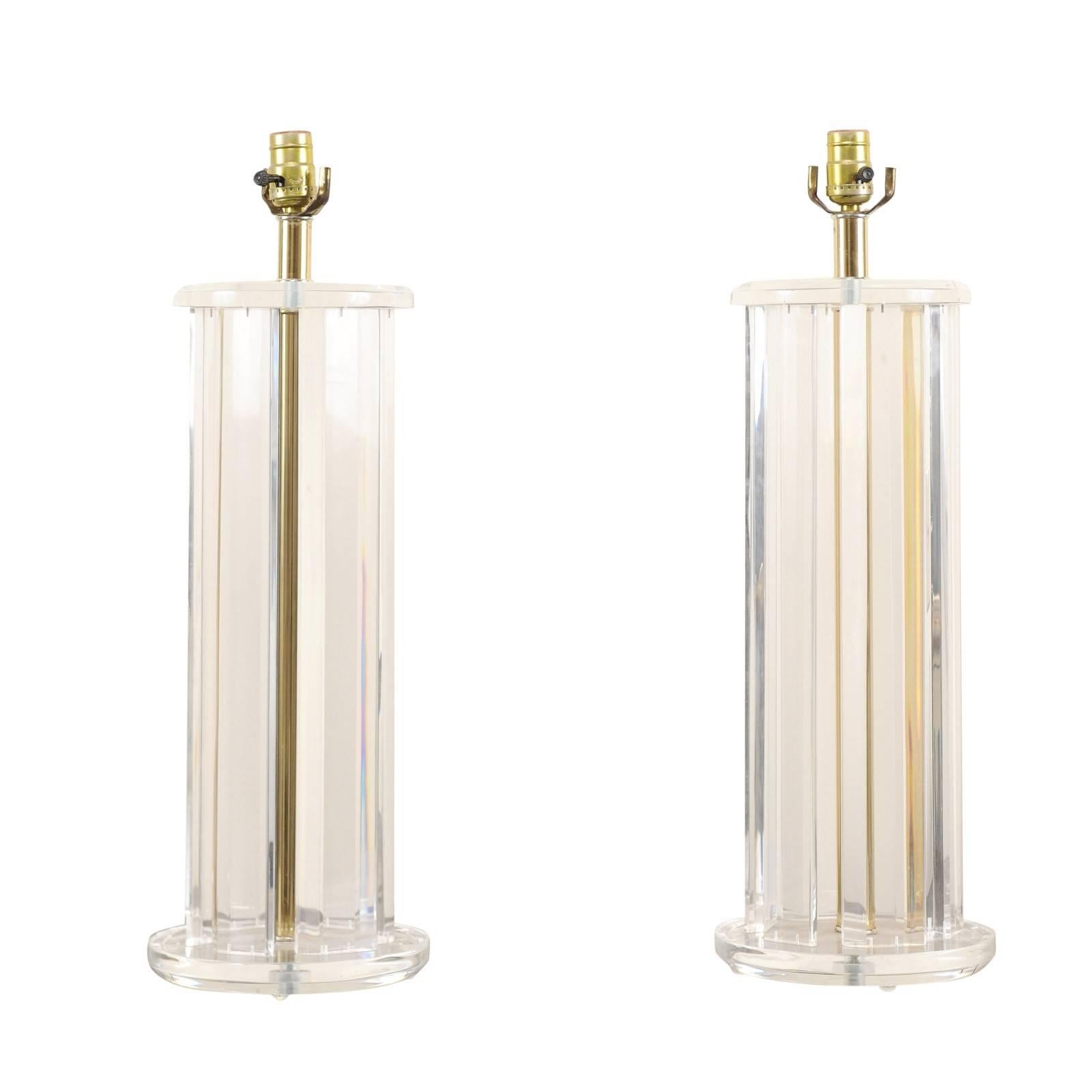 Pair of Lucite Mid-20th Century Table Lamps with Round Shape and Gold Tones