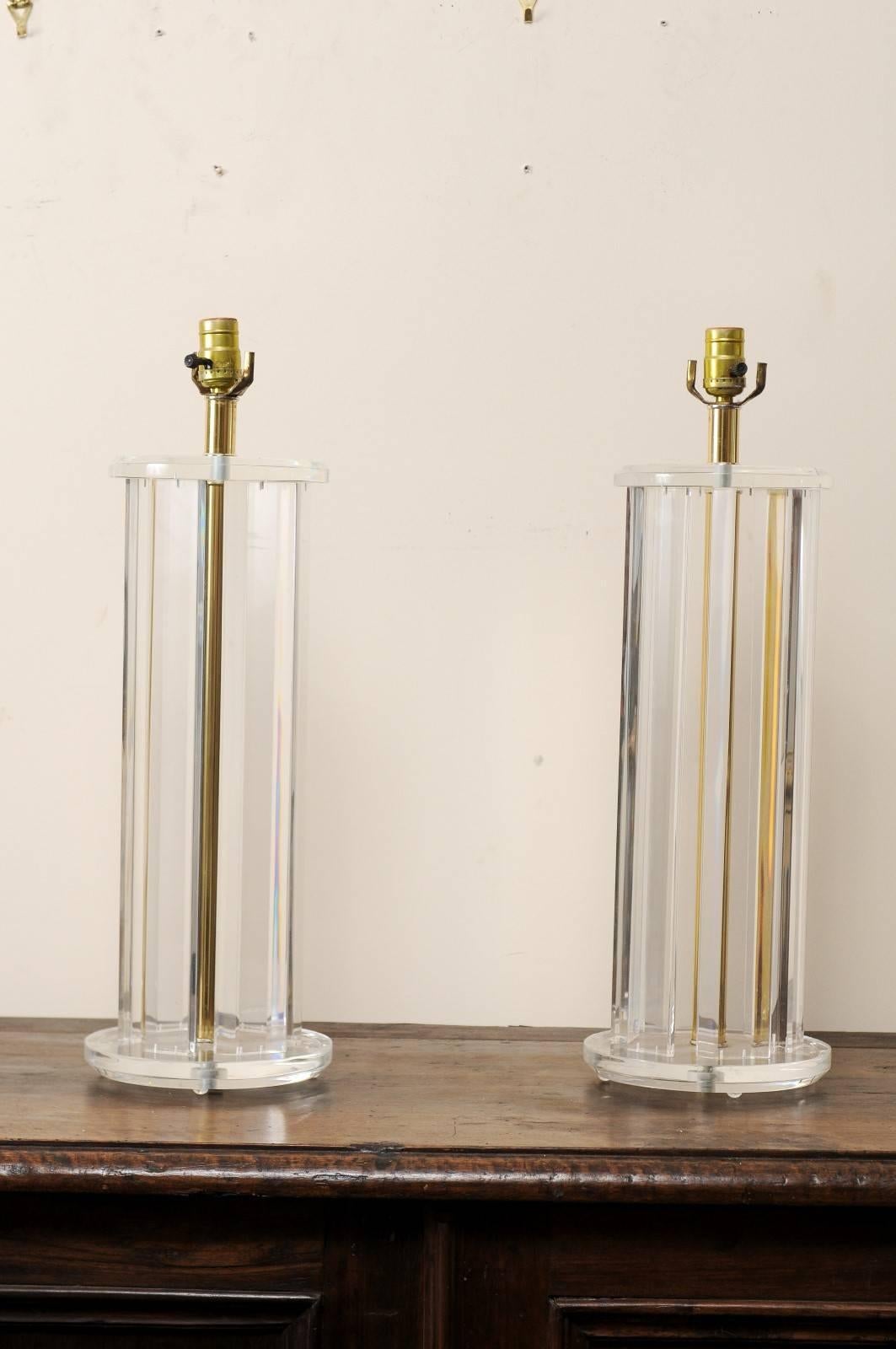 American Pair of Lucite Mid-20th Century Table Lamps with Round Shape and Gold Tones