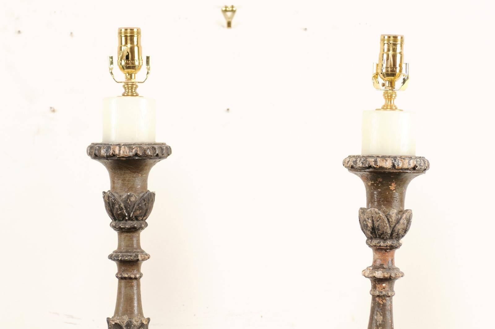 Pair of Italian 18th Century Wood Altar Sticks, Made Tall and Thin Table Lamps In Good Condition In Atlanta, GA