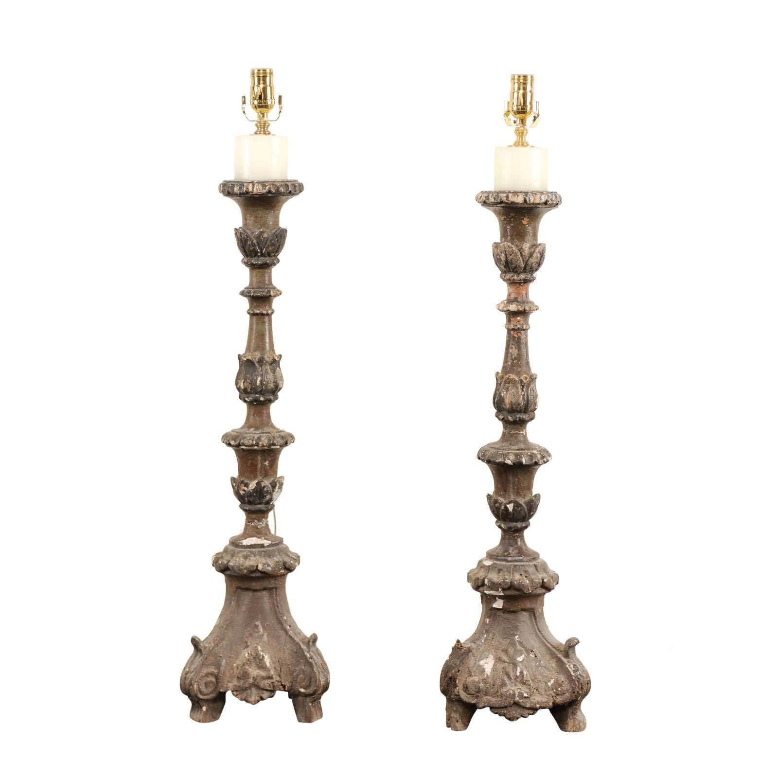 Pair of Italian 18th Century Wood Altar Sticks, Made Tall and Thin Table Lamps