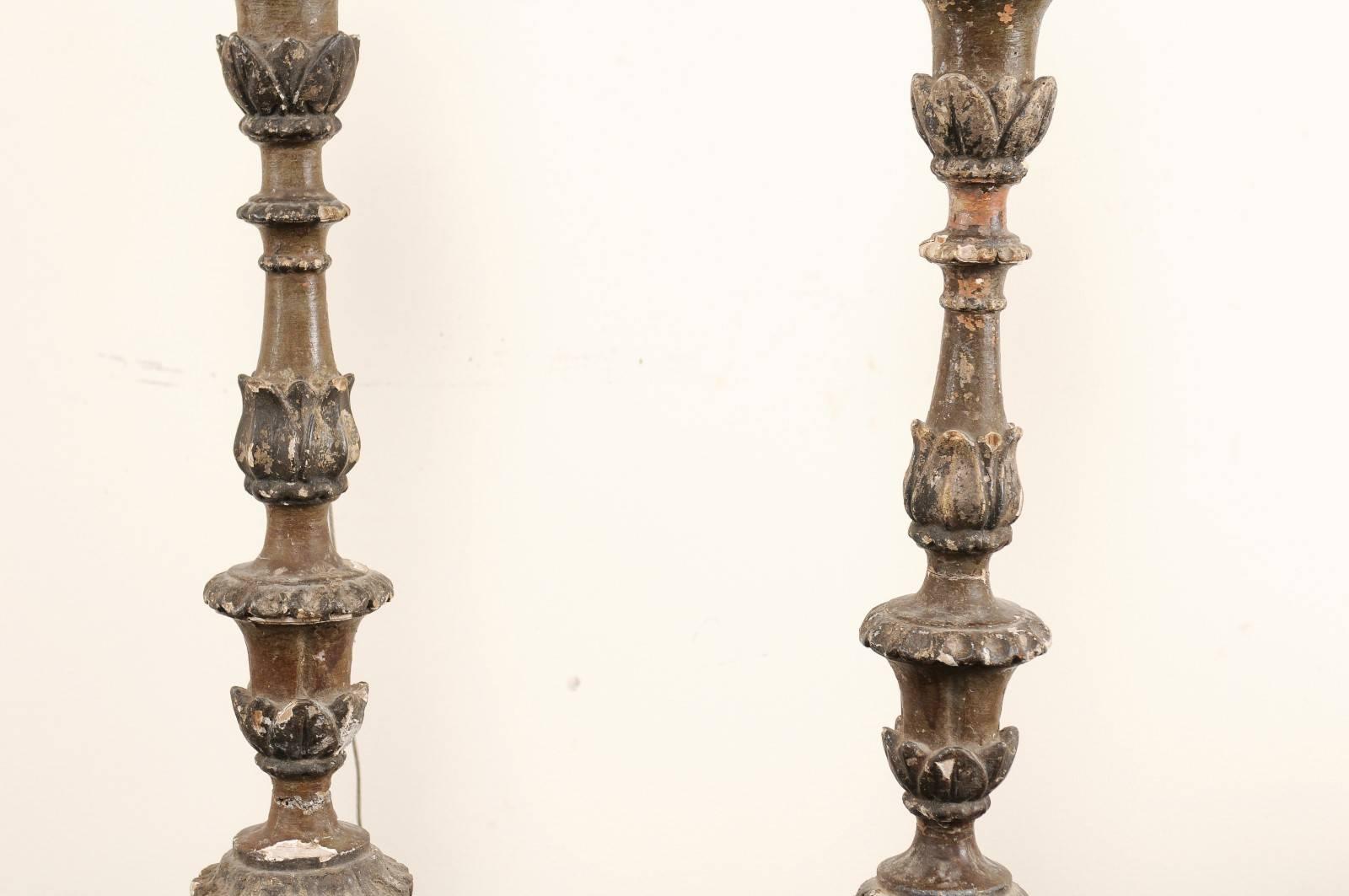 18th Century and Earlier Pair of Italian 18th Century Wood Altar Sticks, Made Tall and Thin Table Lamps
