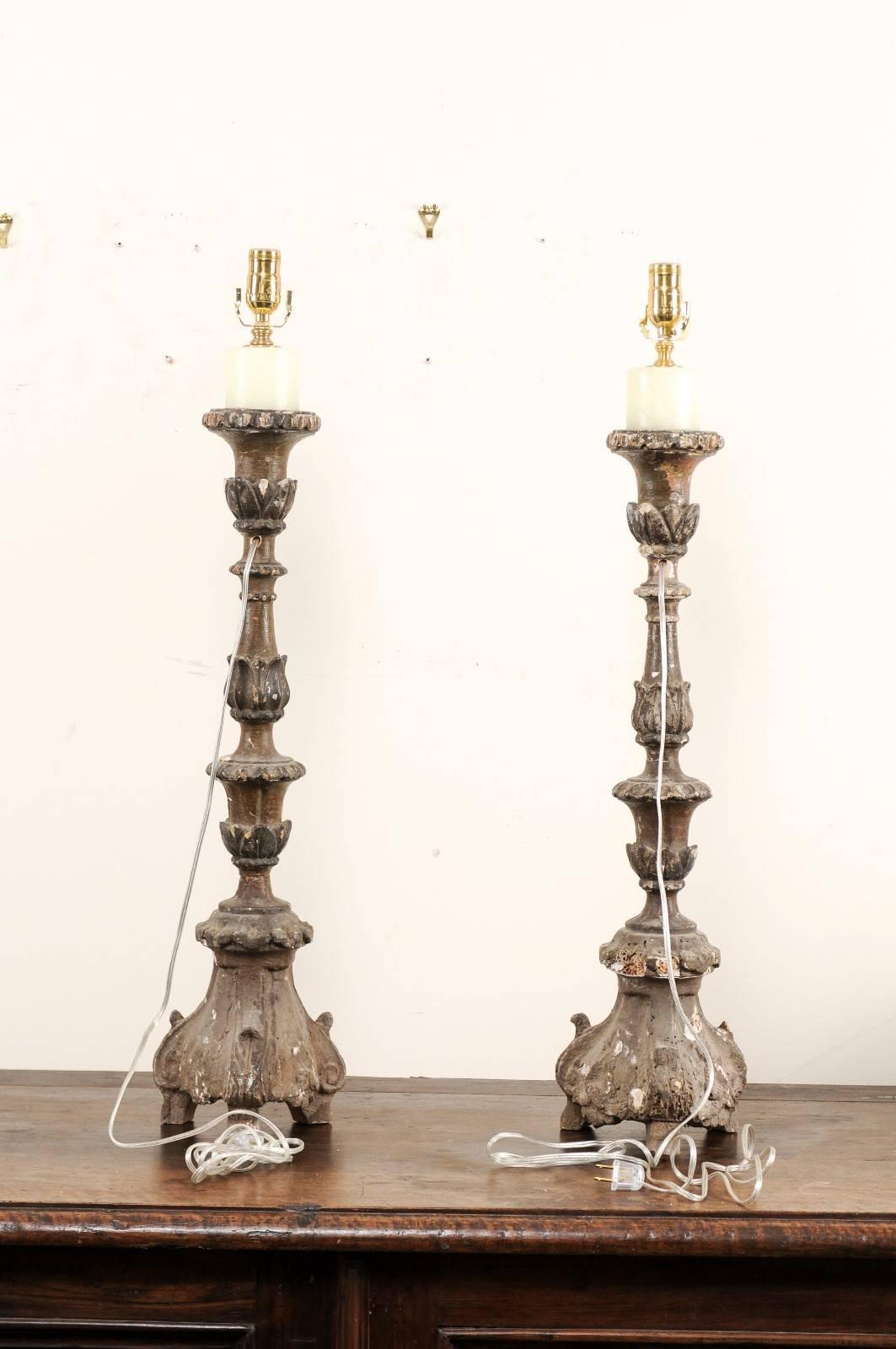 Carved Pair of Italian 18th Century Wood Altar Sticks, Made Tall and Thin Table Lamps