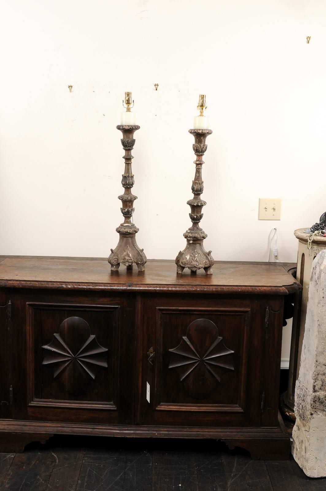 Pair of Italian 18th Century Wood Altar Sticks, Made Tall and Thin Table Lamps 2