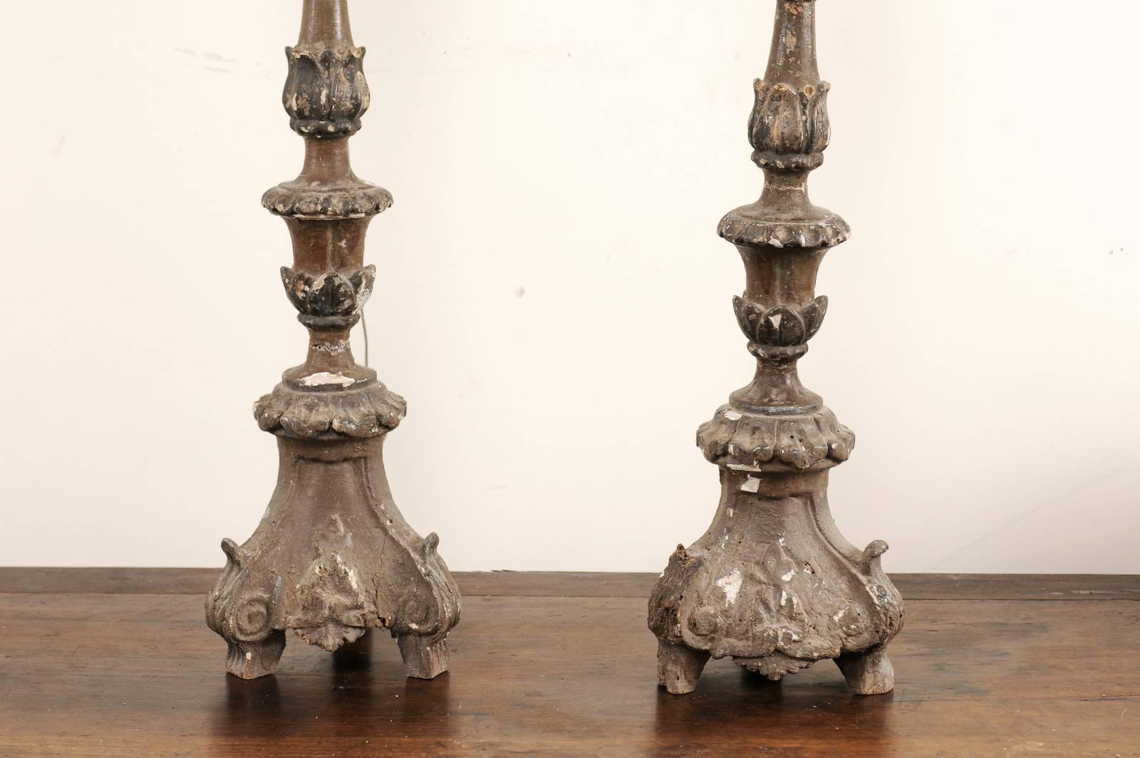 Pair of Italian 18th Century Wood Altar Sticks, Made Tall and Thin Table Lamps 1