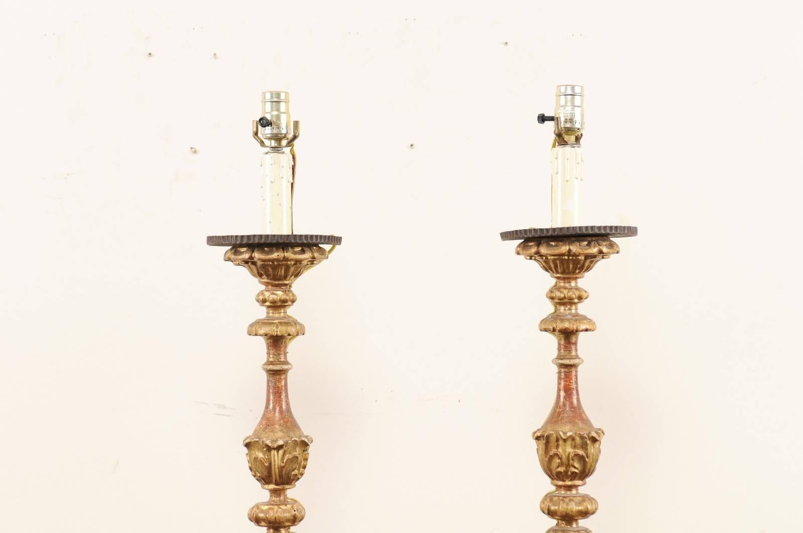 Pair of Italian Tall Giltwood Richly Carved Candlestick Table Lamps 1