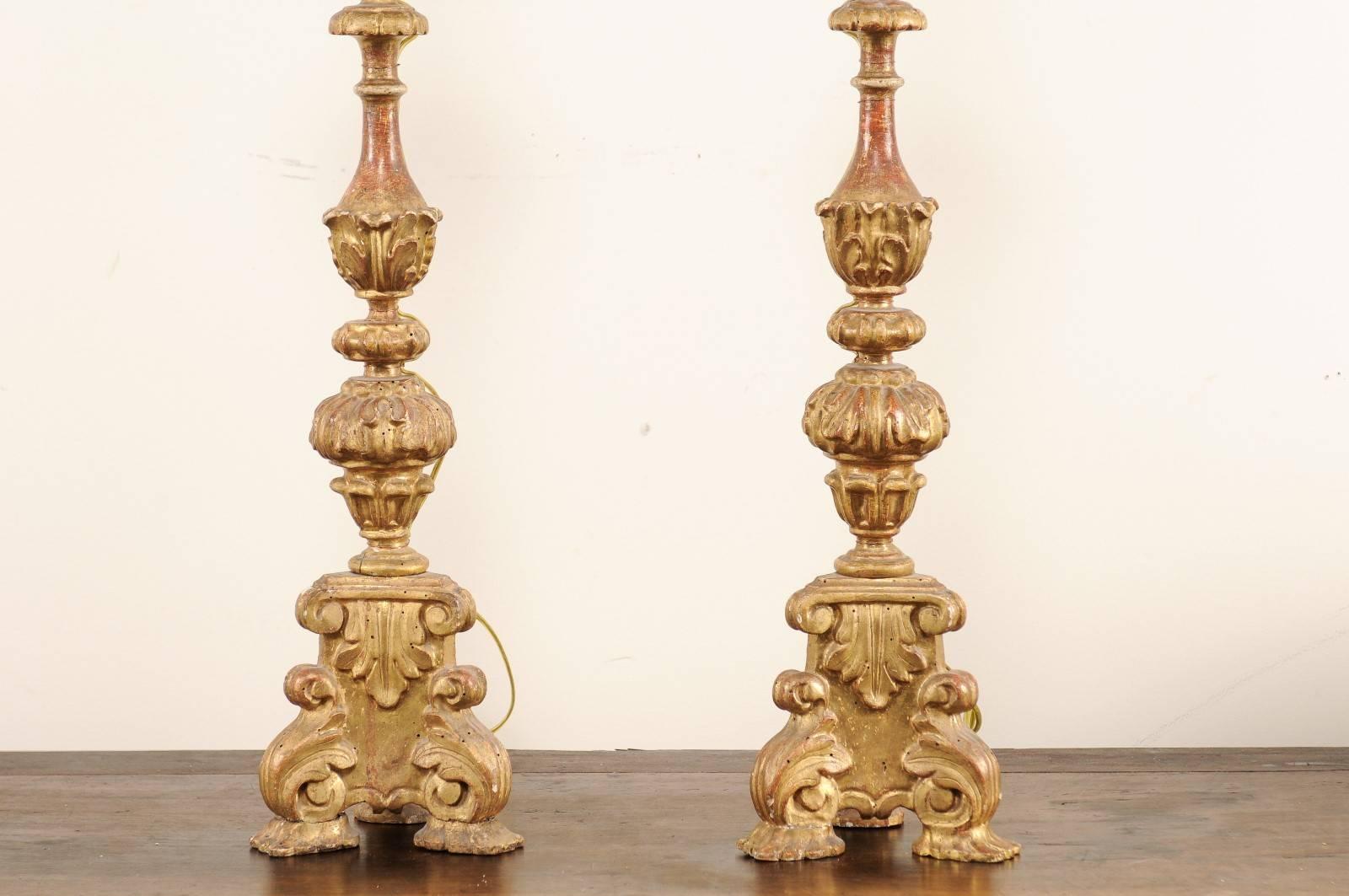 Pair of Italian Tall Giltwood Richly Carved Candlestick Table Lamps 2
