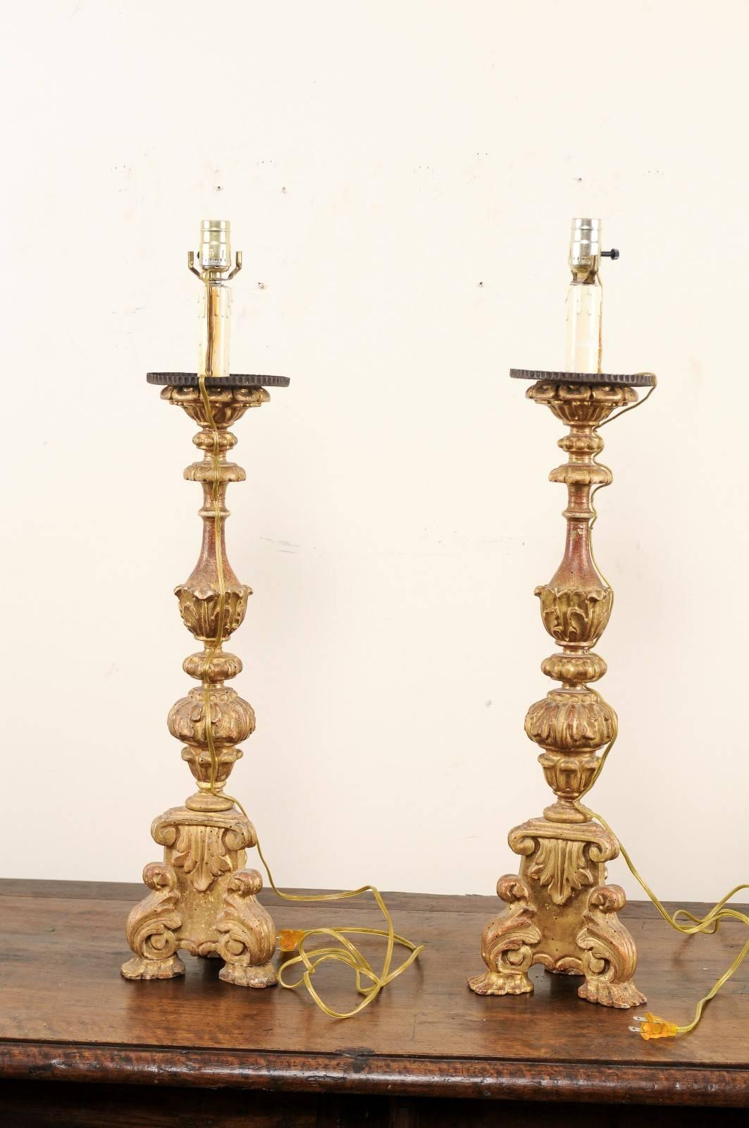 19th Century Pair of Italian Tall Giltwood Richly Carved Candlestick Table Lamps