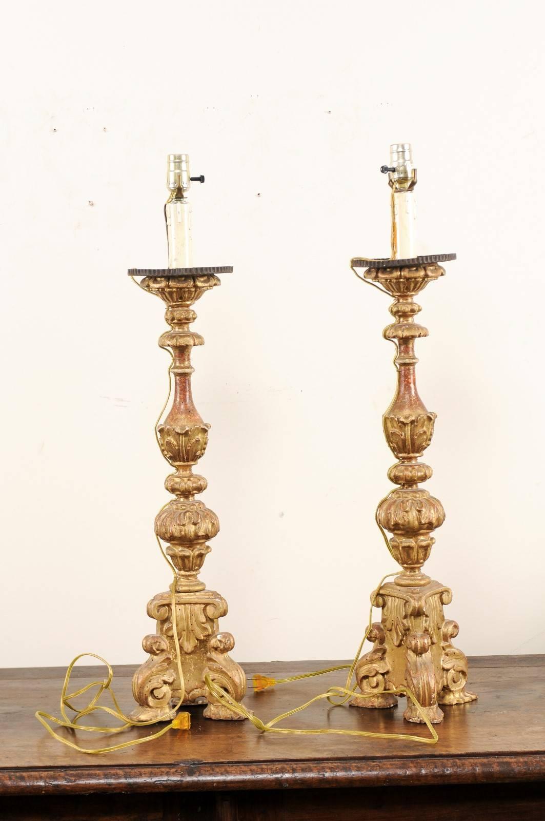 Pair of Italian Tall Giltwood Richly Carved Candlestick Table Lamps In Good Condition In Atlanta, GA