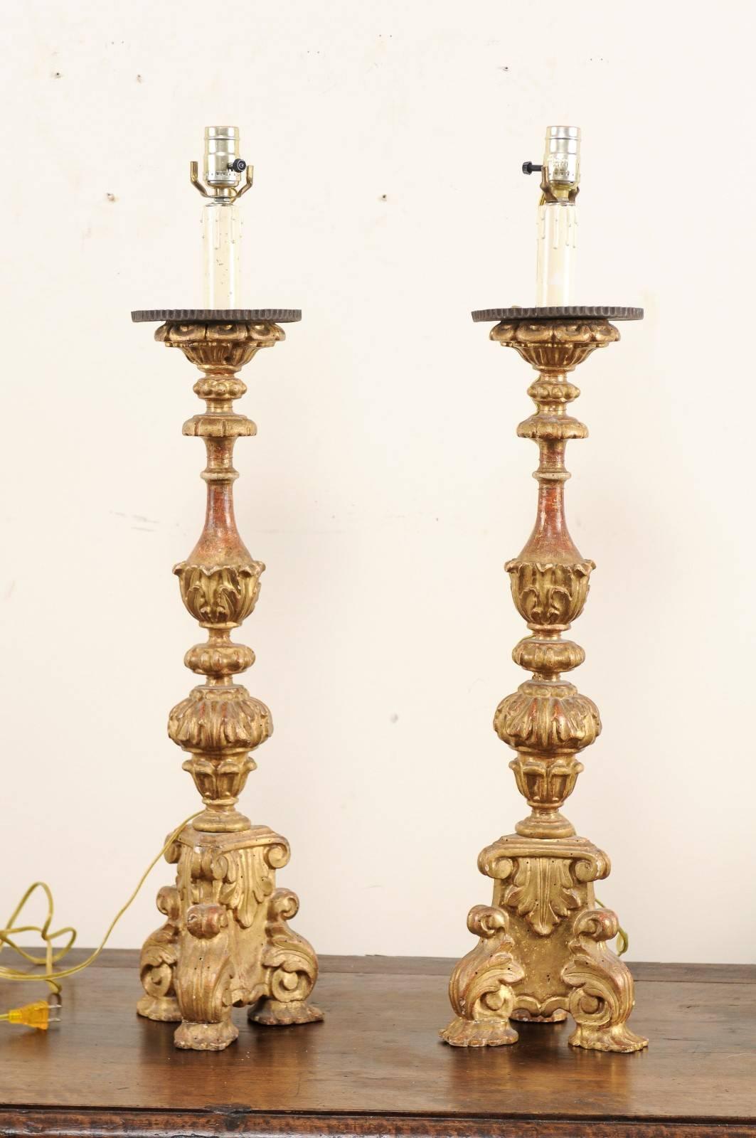Wood Pair of Italian Tall Giltwood Richly Carved Candlestick Table Lamps