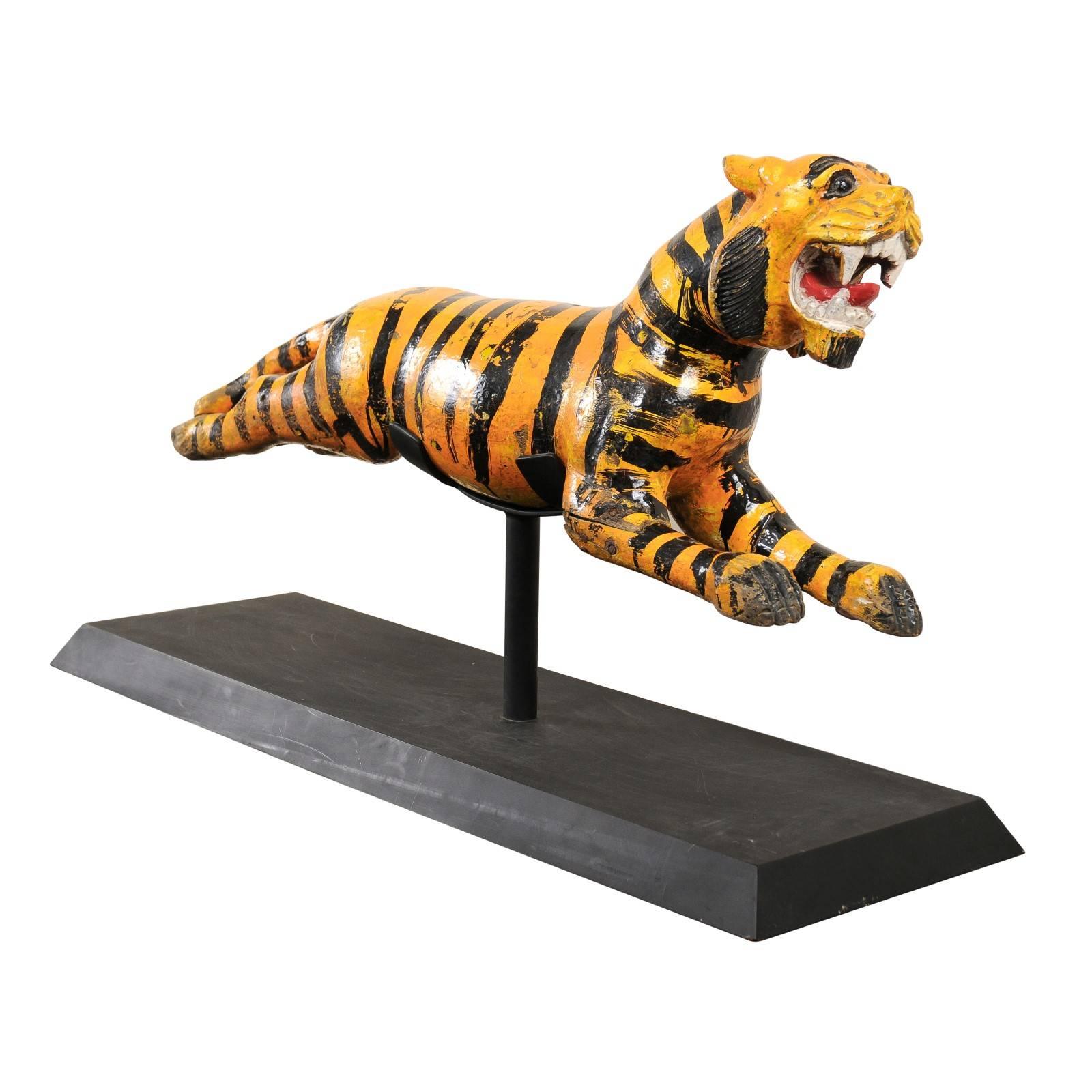A Whimsical Merry-go-round Tiger of Carved-Wood with Orange and Black Stripes