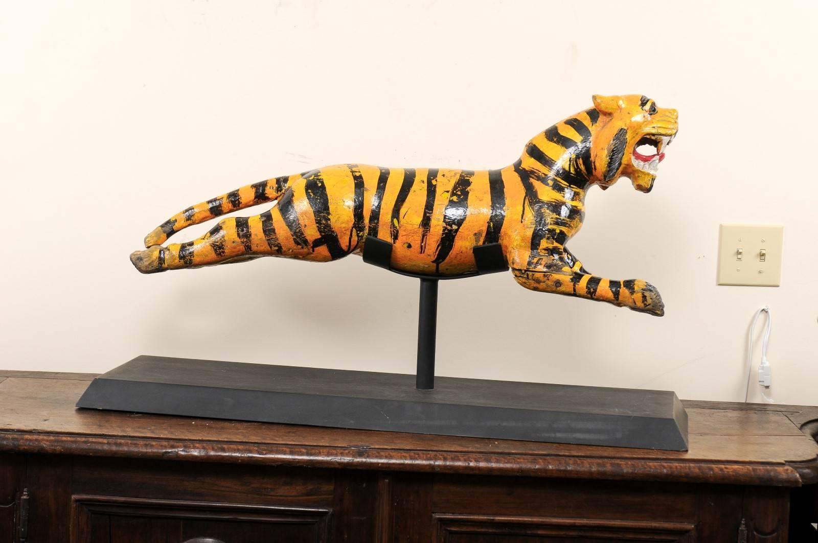 A Whimsical Merry-go-round Tiger of Carved-Wood with Orange and Black Stripes 1