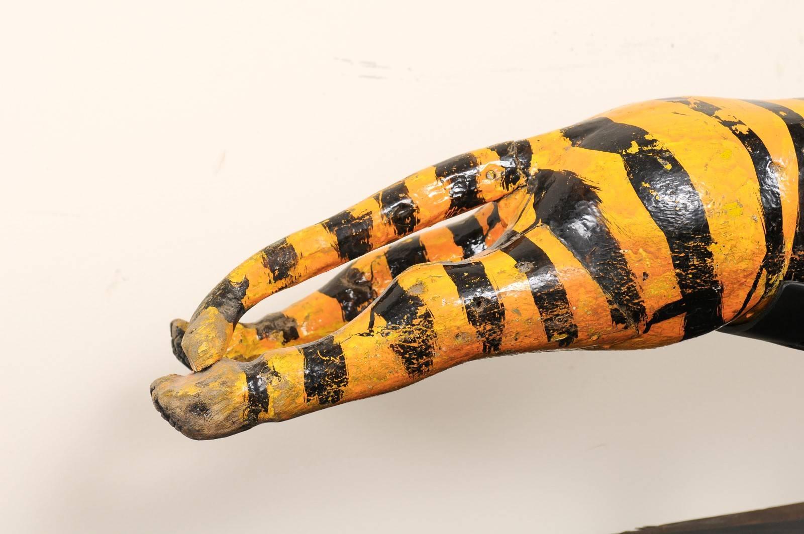A Whimsical Merry-go-round Tiger of Carved-Wood with Orange and Black Stripes 4