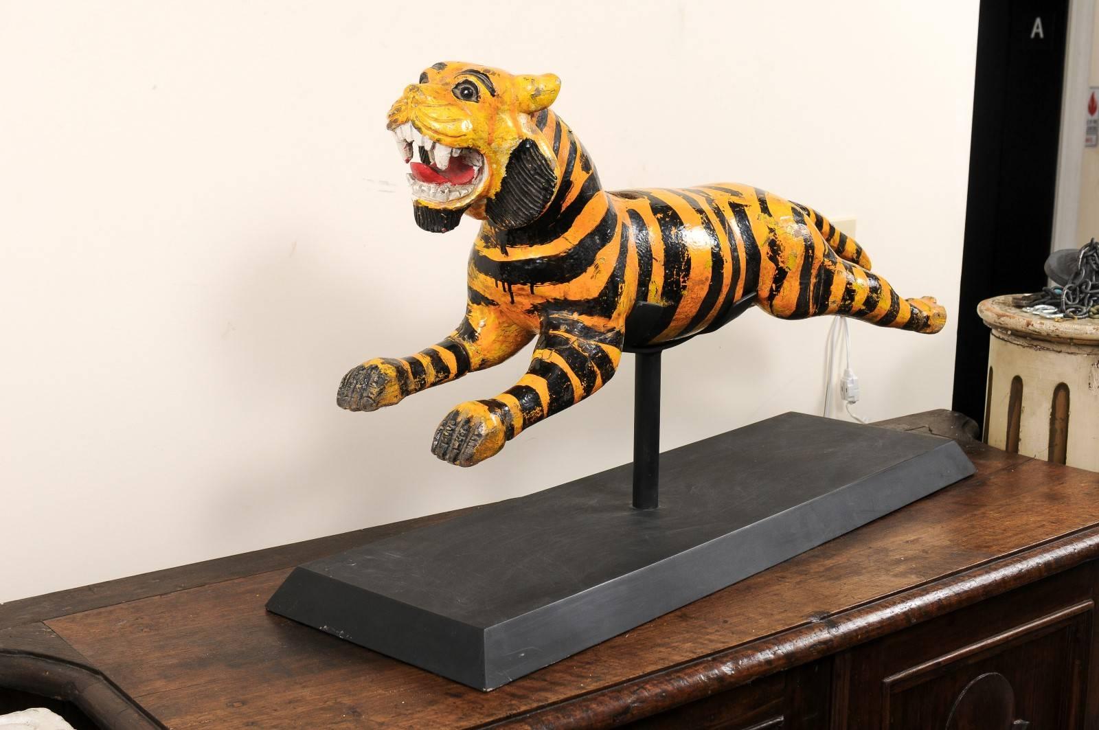 20th Century A Whimsical Merry-go-round Tiger of Carved-Wood with Orange and Black Stripes