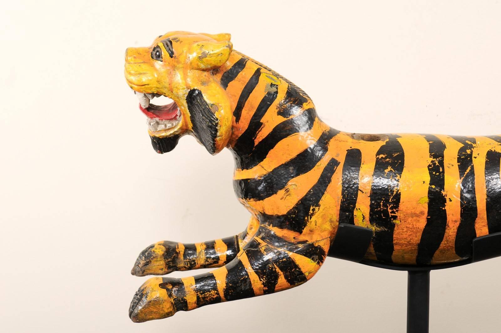 Southeast Asian A Whimsical Merry-go-round Tiger of Carved-Wood with Orange and Black Stripes