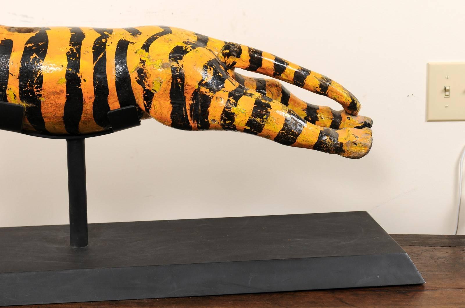 A Whimsical Merry-go-round Tiger of Carved-Wood with Orange and Black Stripes In Good Condition In Atlanta, GA