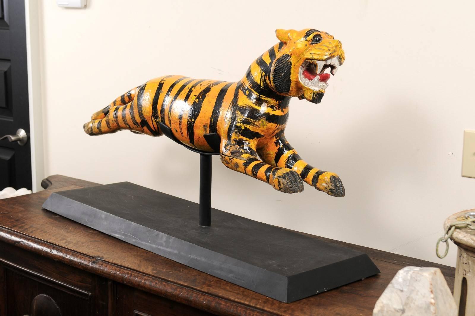 A Whimsical Merry-go-round Tiger of Carved-Wood with Orange and Black Stripes 2