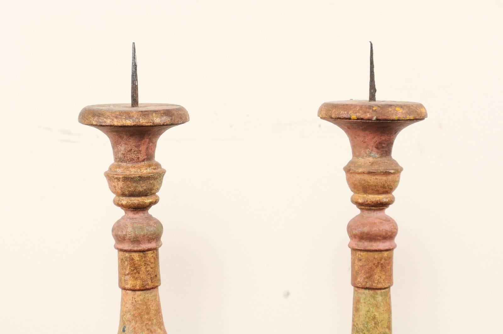 Pair of Portuguese 19th Century Wood Candlesticks with Original Paint In Good Condition In Atlanta, GA