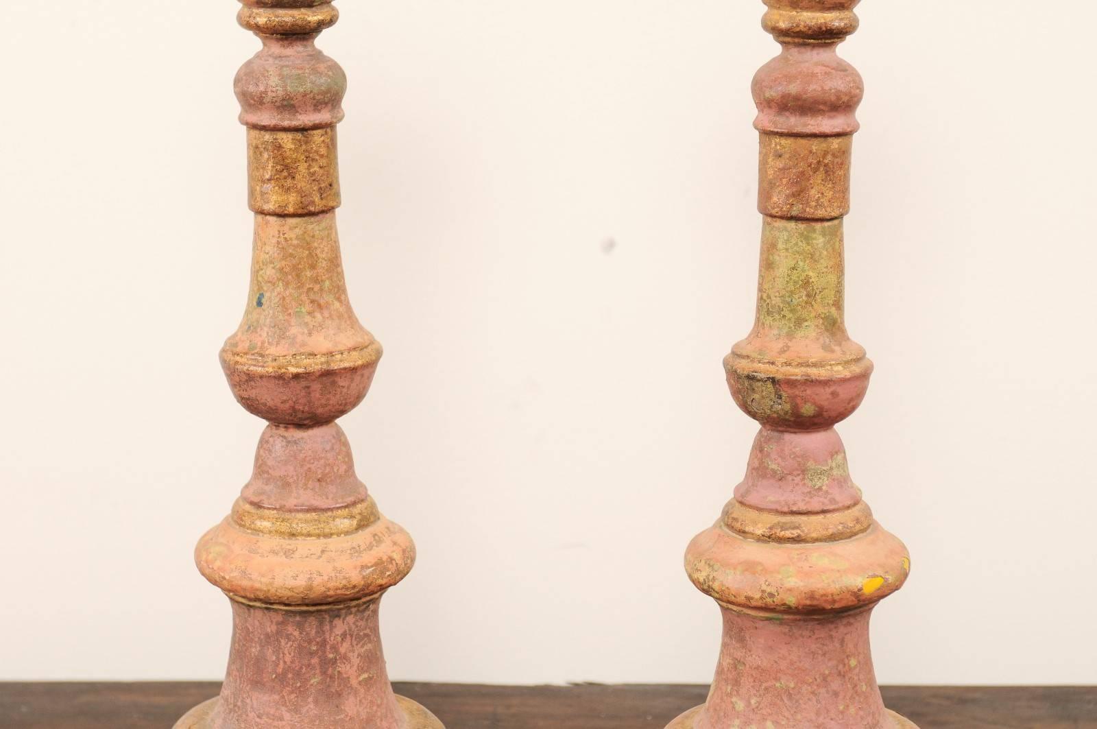Pair of Portuguese 19th Century Wood Candlesticks with Original Paint 2