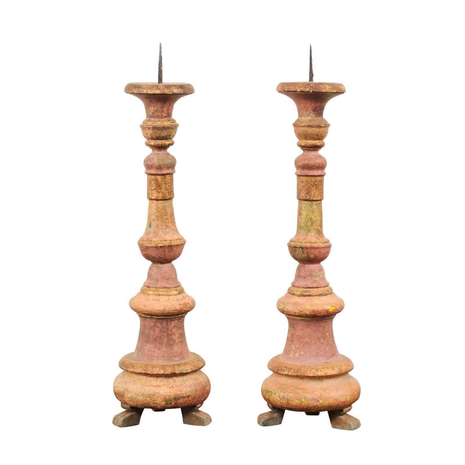 Pair of Portuguese 19th Century Wood Candlesticks with Original Paint