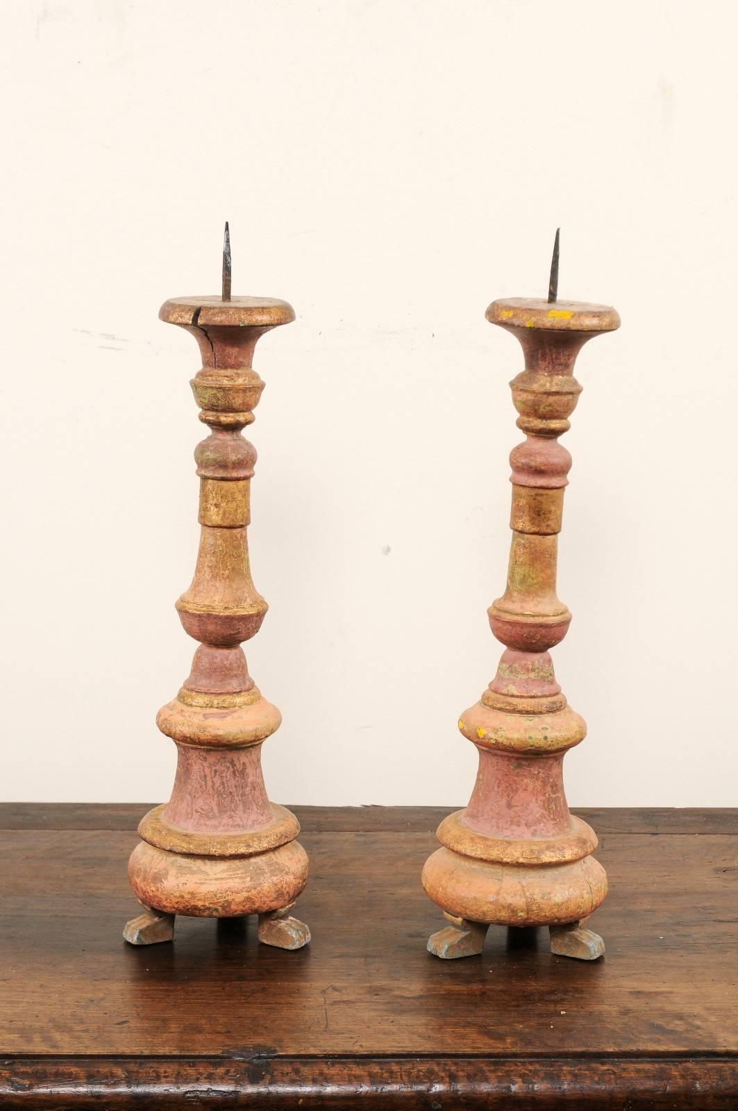 Gilt Pair of Portuguese 19th Century Wood Candlesticks with Original Paint