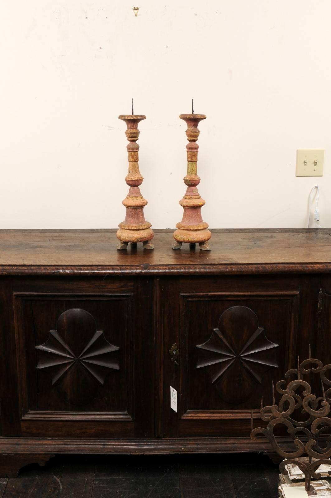 Pair of Portuguese 19th Century Wood Candlesticks with Original Paint 4