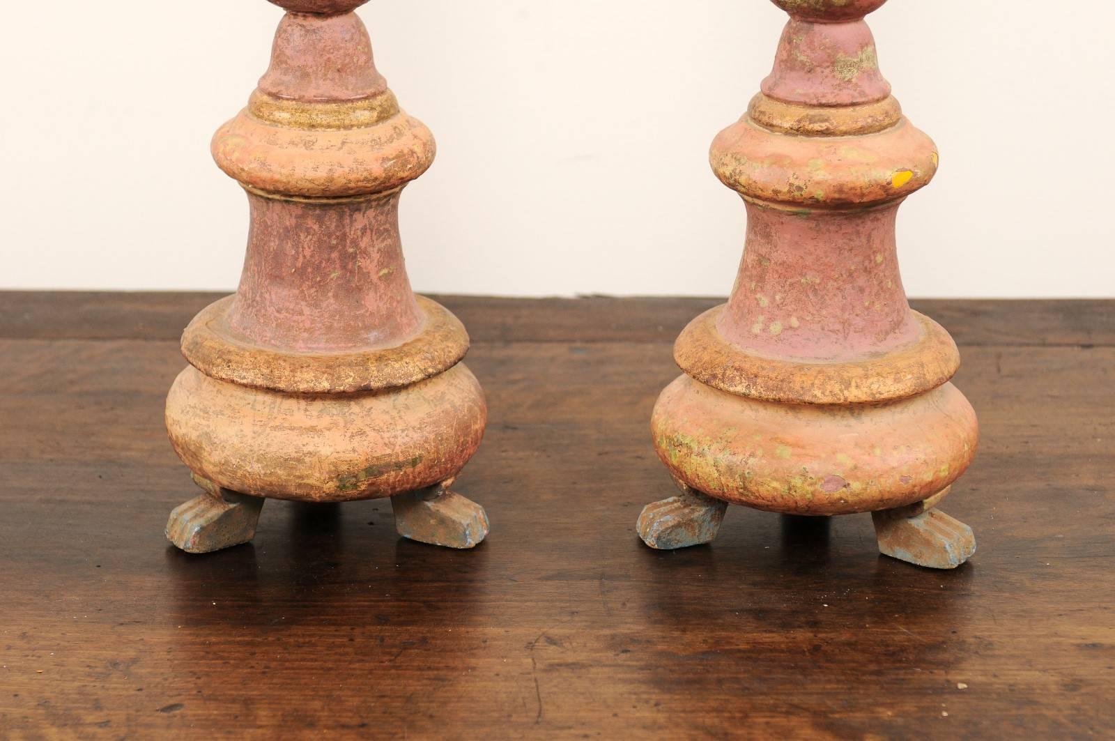 Pair of Portuguese 19th Century Wood Candlesticks with Original Paint 3