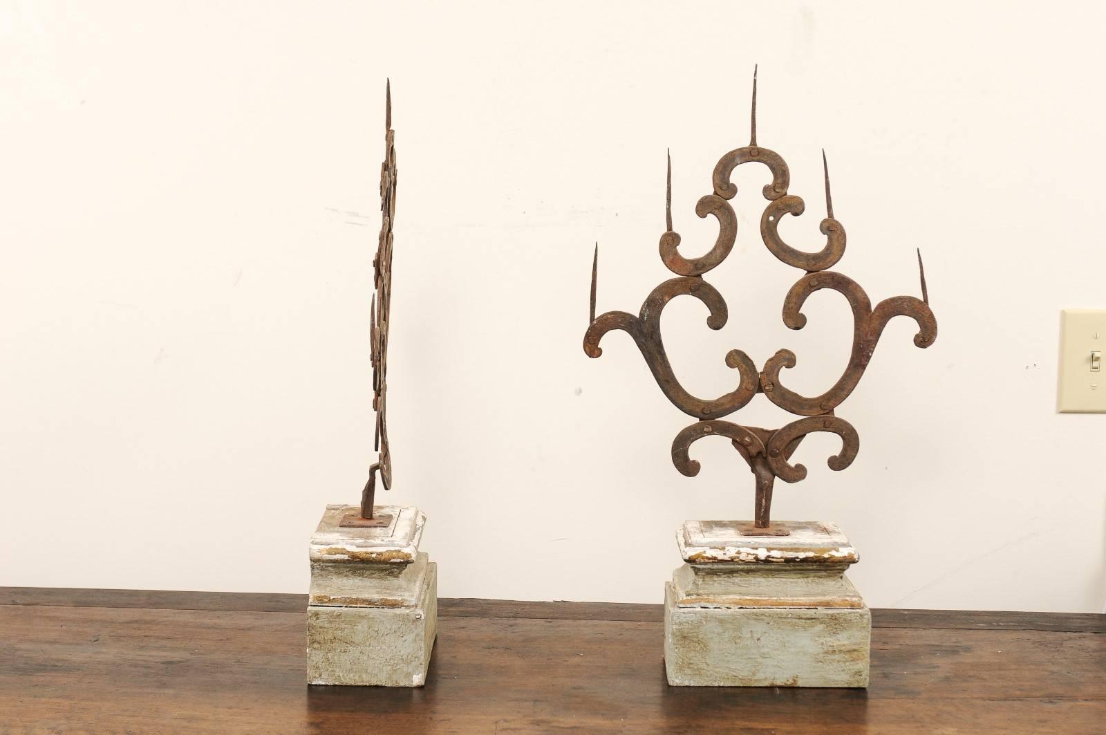 Metal Pair of 18th Century Italian Hand-Forged Iron Prickets Mounted on Painted Wood