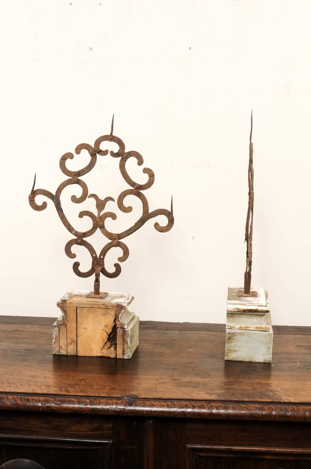 Pair of 18th Century Italian Hand-Forged Iron Prickets Mounted on Painted Wood 1