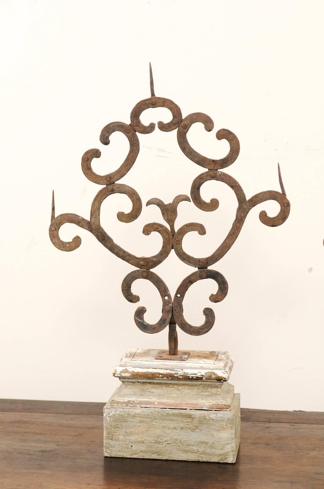 Rustic Pair of 18th Century Italian Hand-Forged Iron Prickets Mounted on Painted Wood