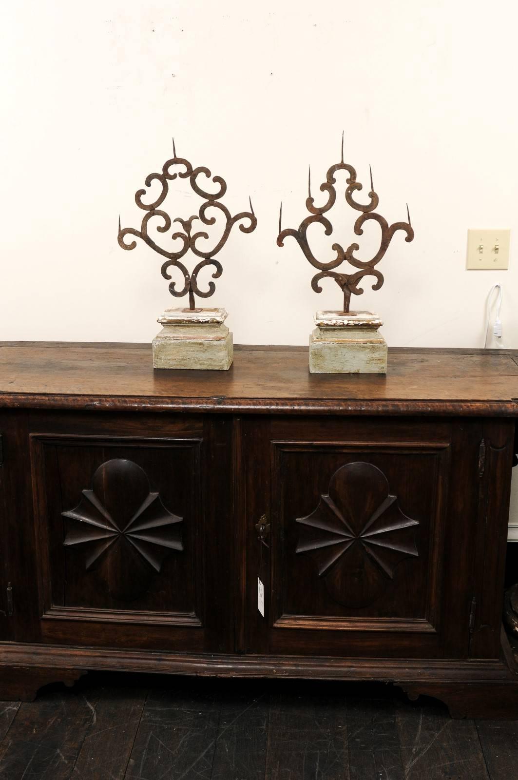 Pair of 18th Century Italian Hand-Forged Iron Prickets Mounted on Painted Wood 2