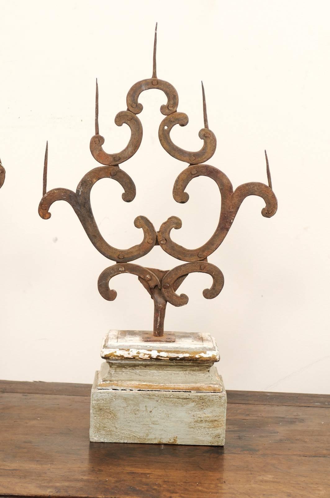 French Pair of 18th Century Italian Hand-Forged Iron Prickets Mounted on Painted Wood