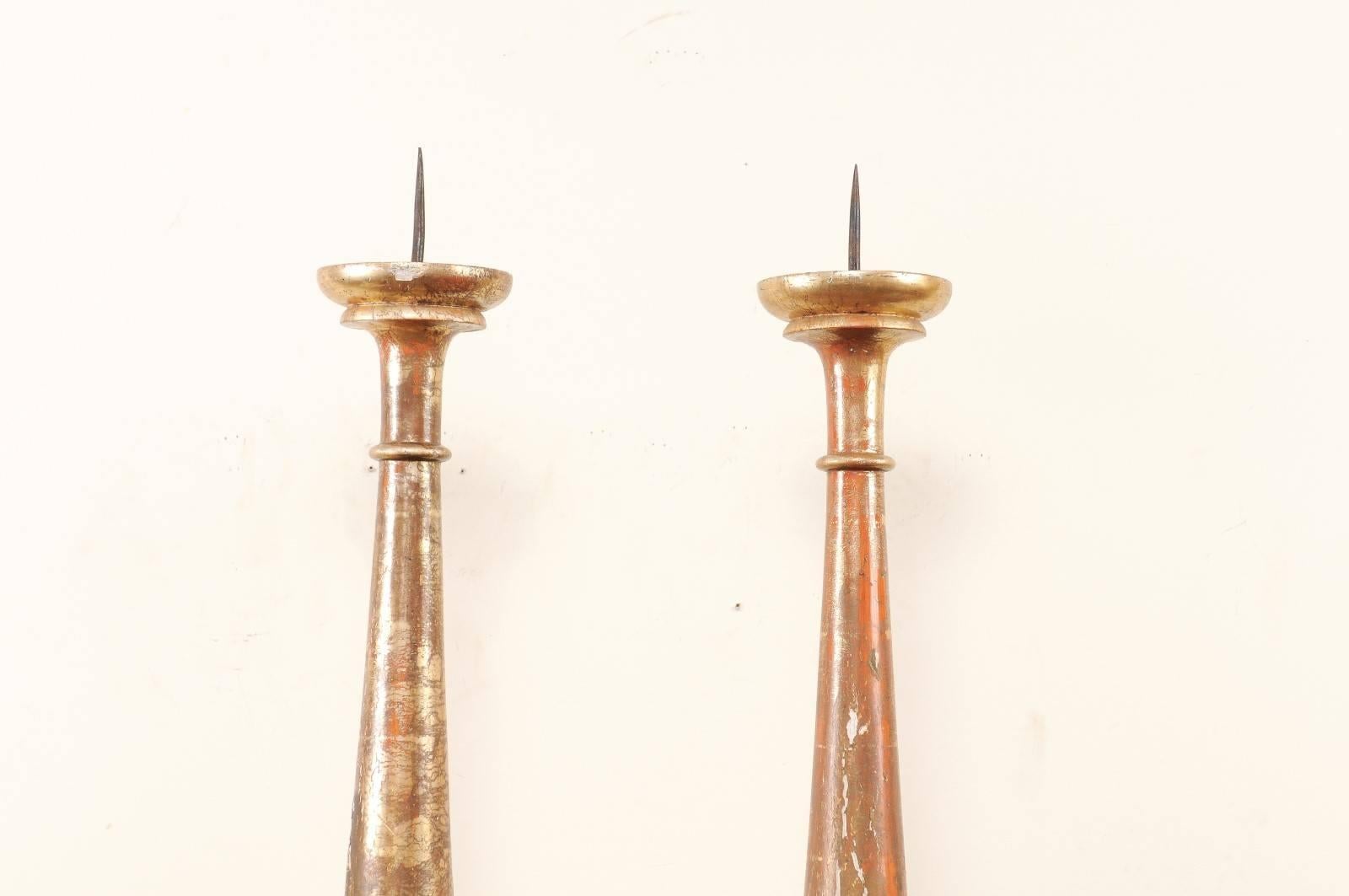 Carved Pair of Italian 19th Century Altar Sticks/Tall Gilded Candlesticks For Sale